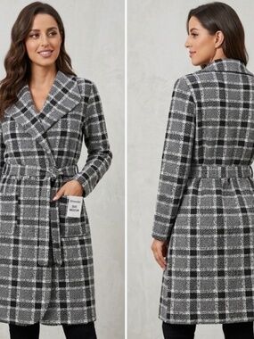 Shinestar Black and White Checkered Design Wrap Sweater Trench Jacket Size M